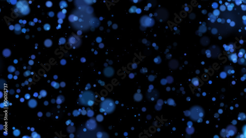 Abstract bokeh background. Blue particles resembling a ball randomly rotating in the wind in space. 3D. 4K. Isolated black background.