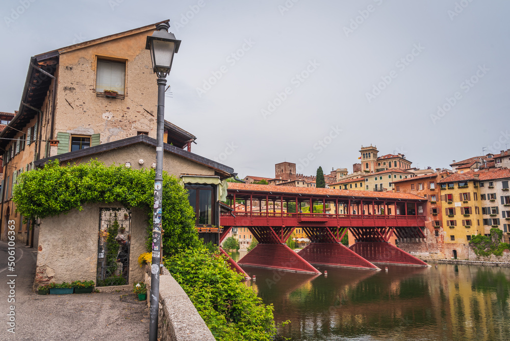 View of the Alpini Bridge with the Brenta River in Bassano del Grappa, Vicenza, Veneto, Italy, Europe