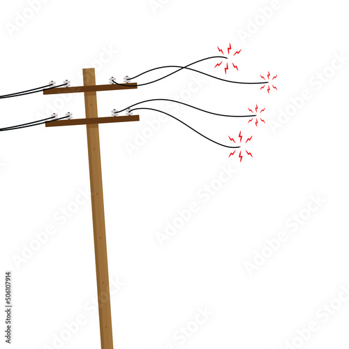 Broken electric pole damaged short circuit with spark. Electric leakage. Electric pole isolated on white background. Wood power lines. High voltage wires.