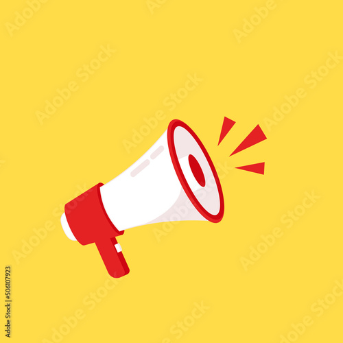 Megaphone announcement on yellow background. Male hand holding megaphone with referrals speech bubble.
