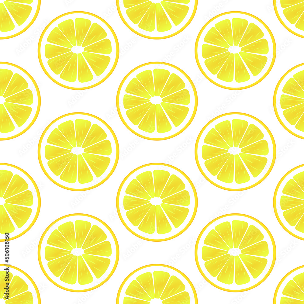 Seamless pattern of lemons on white background. Lemon pattern print. Vector yellow lemon pattern. Slices of fresh yellow lemon summer background