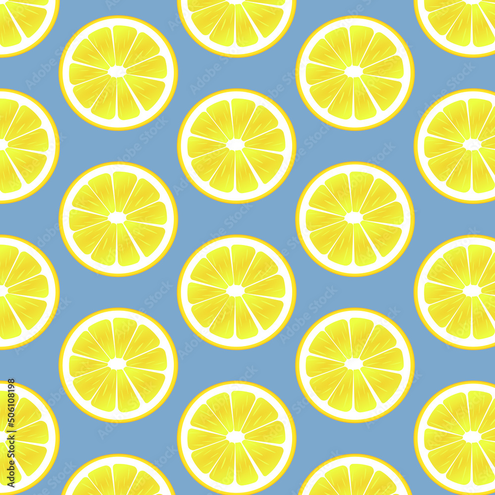 Seamless pattern of lemons on blue background. Lemon pattern print. Vector yellow lemon pattern. Slices of fresh yellow lemon summer background Seamless pattern of lemons on blue background. Lemon pattern print. Vector yellow lemon pattern. Slices of fresh yellow lemon summer background