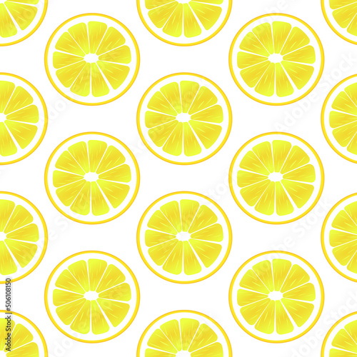 Seamless pattern of lemons on white background. Lemon pattern print. Vector yellow lemon pattern. Slices of fresh yellow lemon summer background