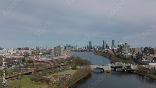 Wallpaper Mural Aerial descending footage of bridge over Charles river and buildings on waterfronts. Downtown skyscrapers in distance. Boston, USA Torontodigital.ca