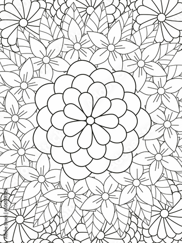 Outline vector drawing of flowers for adult coloring books. Page of floral pattern in black and white