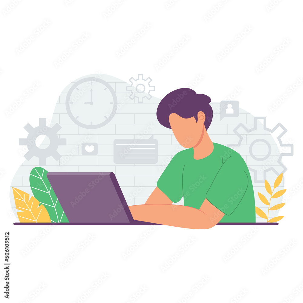Young man working at laptop from home illustration Young man working at laptop from home illustration