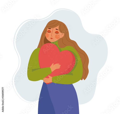 Self love concept. Young female character holds and hugs a big heart. Self pride  self-acceptance  personal image and confidence concept vector illustration. Positive self-image  self-concept  esteem.