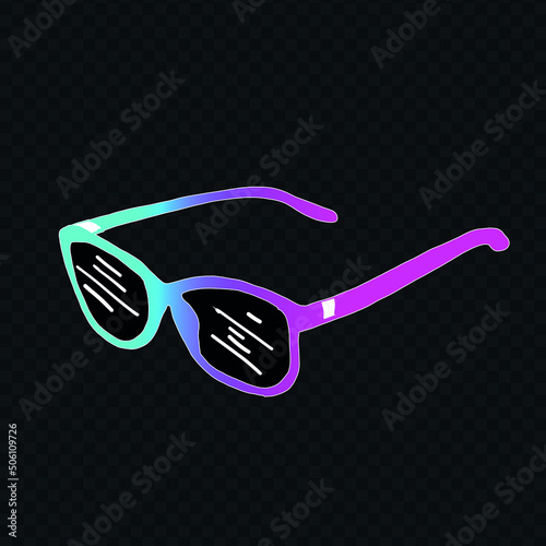 Vector Glowing Neon Colors Sunglasses Design Element Isolated on Transparent Background. Sunglasses Neon Colors. Summer Holiday and Vacation Concept Creative Hand Drawn Glasses Illustration.