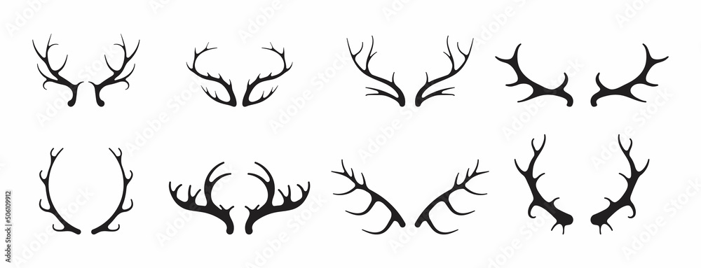 Deer antlers vector set. Silhouette of the horns of a wild elk, roe deer on a white background. Deer antlers vector set. Silhouette of the horns of a wild elk, roe deer on a white background.