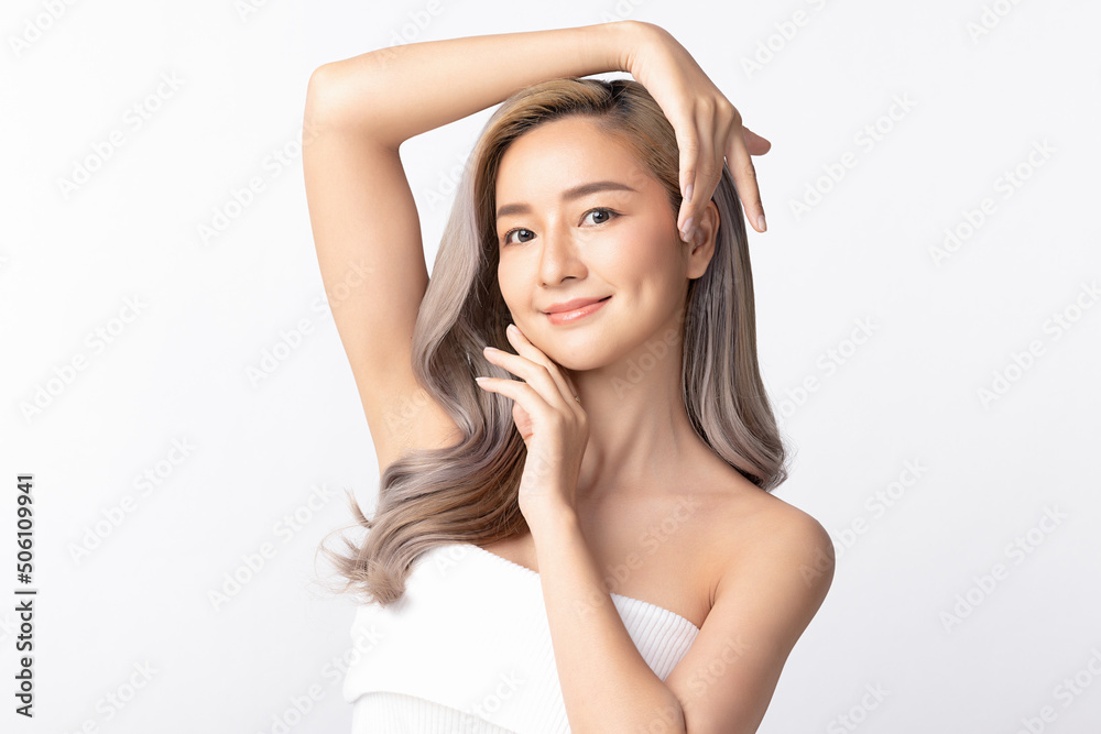 Happy beautiful young asian woman clean fresh bare skin concept. Asian girl beauty face skincare and health wellness, Facial treatment, Perfect skin, Natural make up. Isolated on white background. Happy beautiful young asian woman clean fresh bare skin concept. Asian girl beauty face skincare and health wellness, Facial treatment, Perfect skin, Natural make up. Isolated on white background.