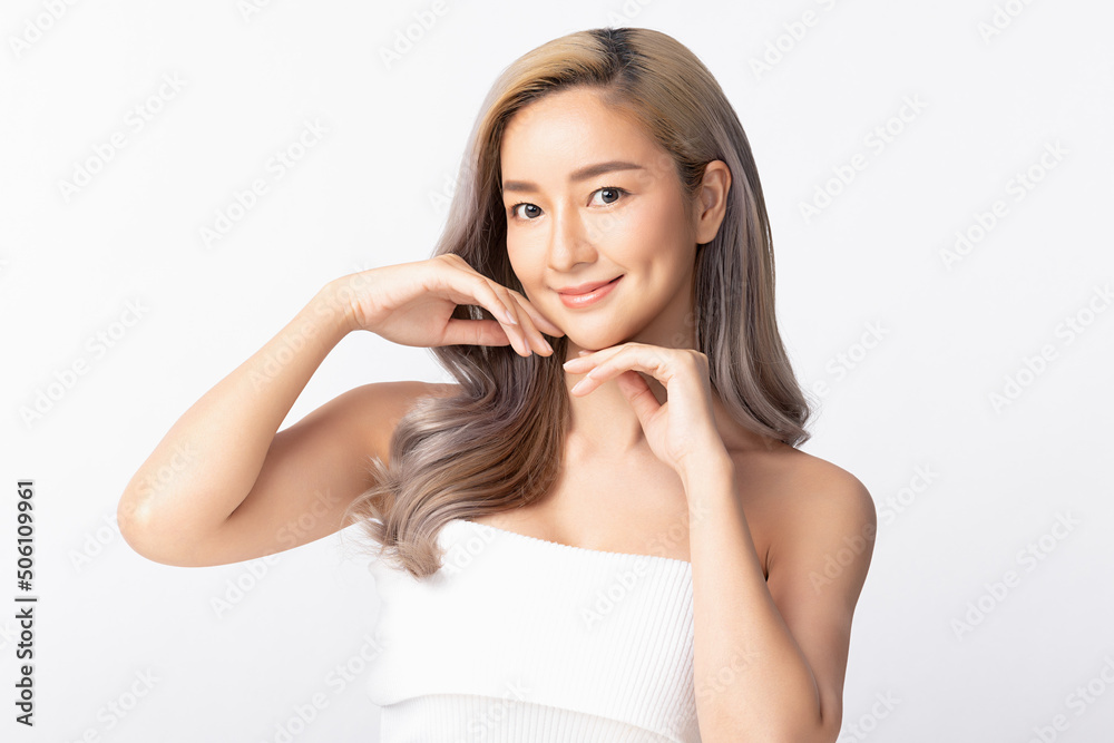 Happy beautiful young asian woman clean fresh bare skin concept. Asian girl beauty face skincare and health wellness, Facial treatment, Perfect skin, Natural make up. Isolated on white background. Happy beautiful young asian woman clean fresh bare skin concept. Asian girl beauty face skincare and health wellness, Facial treatment, Perfect skin, Natural make up. Isolated on white background.
