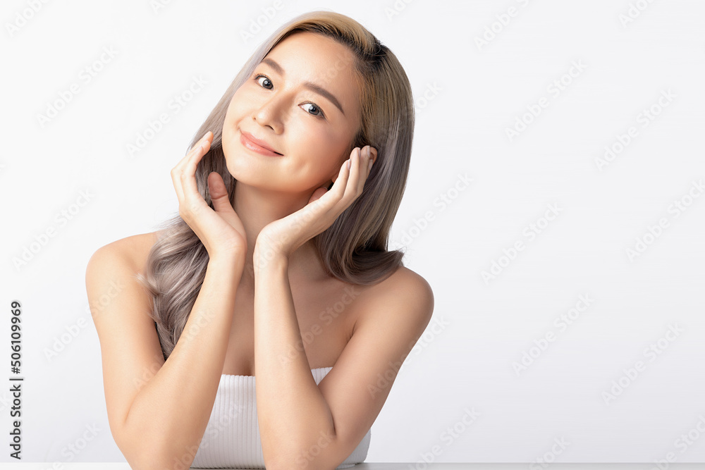 Happy beautiful young asian woman clean fresh bare skin concept. Asian girl beauty face skincare and health wellness, Facial treatment, Perfect skin, Natural make up. Isolated on white background. Happy beautiful young asian woman clean fresh bare skin concept. Asian girl beauty face skincare and health wellness, Facial treatment, Perfect skin, Natural make up. Isolated on white background.
