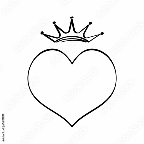 Crowned heart vector in sketch style. King and queen signs, doodle wedding icon. Hand drawn monrah, princess