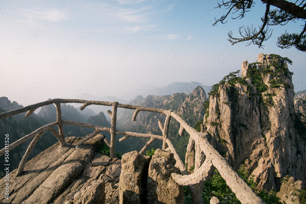 View Point with Stone Fence and Pine Tree in Huangshan Yellow Mountains, Anhui Province, China