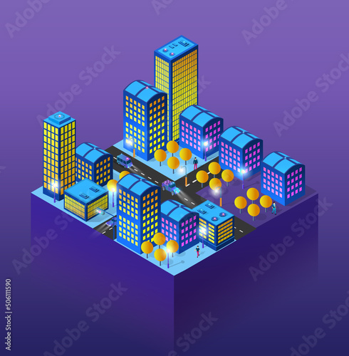 Night city urban 3D illustration of neon
