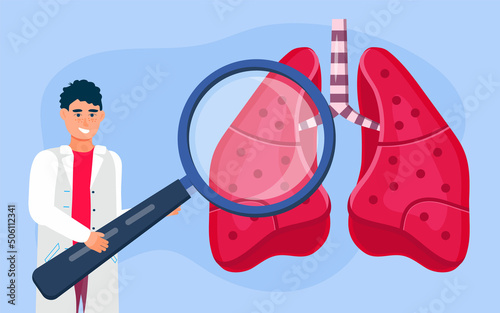 Phthisiologist, pulmonologist looks through a magnifying glass at lungs. Scene of tuberculosis, pneumonia