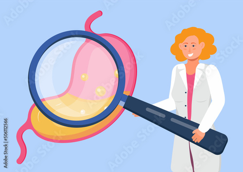 Stomach icon vector. Doctor takes magnifier glass. Symbol of gut flora