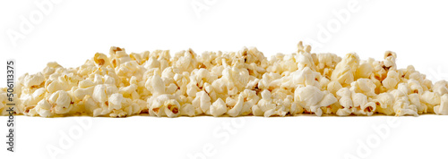Heap of popcorn isolated on white background. Popcorn banner.