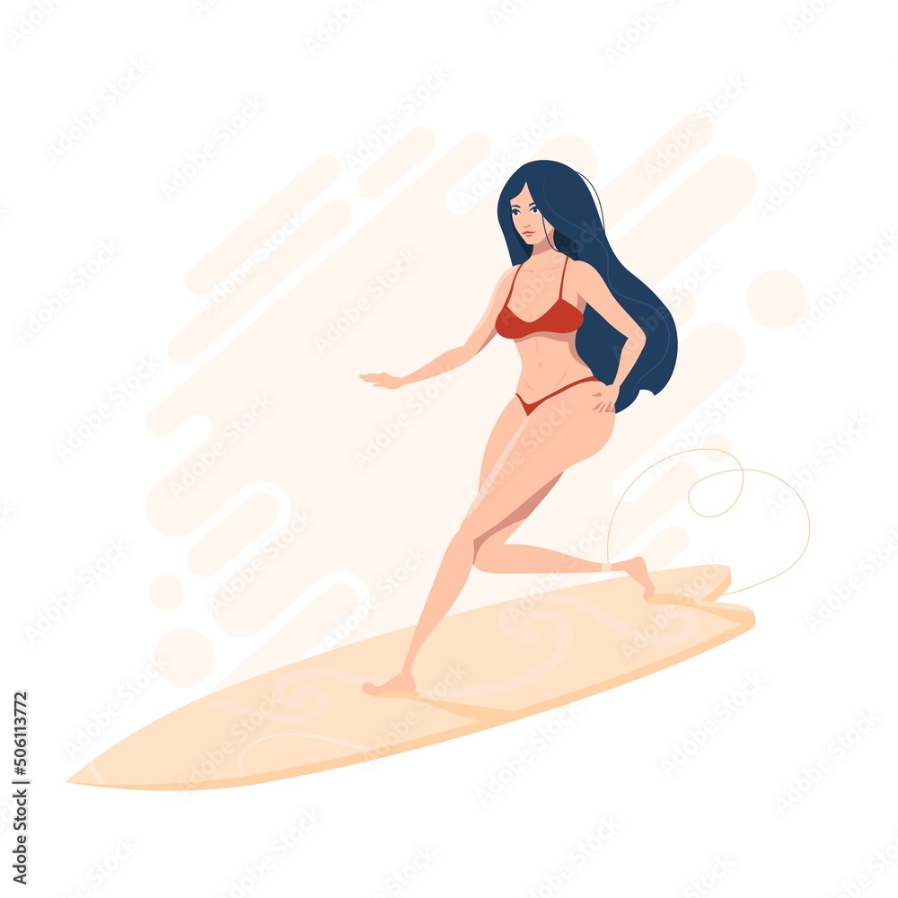 Girl in a bikini on a surfboard. Vector illustration.