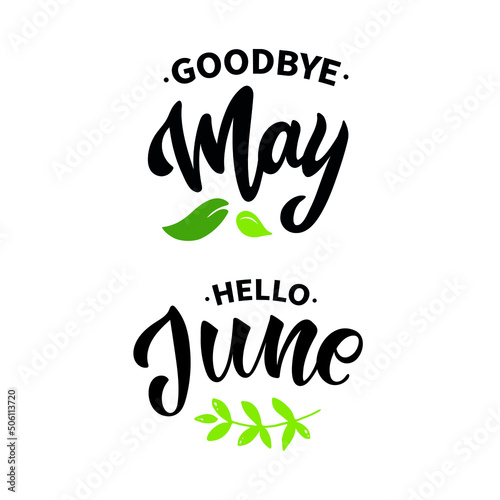 Hello June Goodbye May handwritten text isolated on white background for poster, icon, card. Summer month postcard, flyer. Vector illustration. Hand lettering typography, modern brush calligraphy