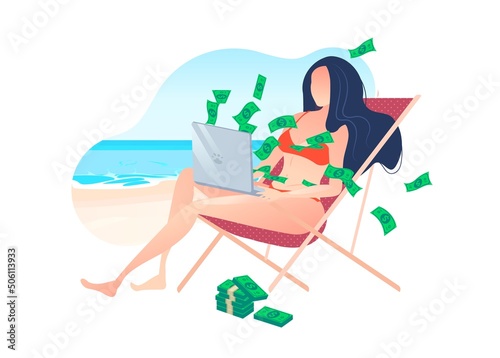 A girl in a bathing suit is lying on a sun lounger against the backdrop of the beach, money is flying into her from a laptop. Work and travel.