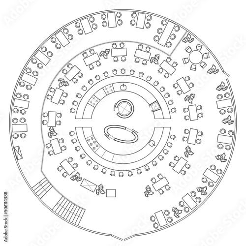 Linear technical sketch round restaurant with open kithen plan on white background