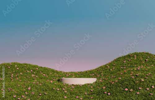 3D display podium background. Natural green grass and flowers. Nature blue sky minimal pedestal, beauty, cosmetic product presentation. Spring, summer landscape banner template 3d render.
