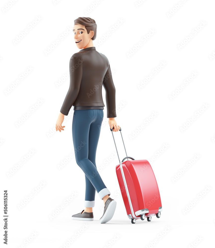 3d cartoon man walking with travel suitcase 3d cartoon man walking with travel suitcase