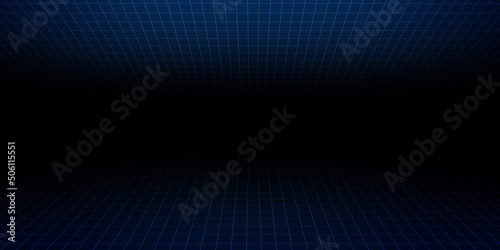 One point perspective blue light over and under grid on dark background, copy space composition, retro technology concep