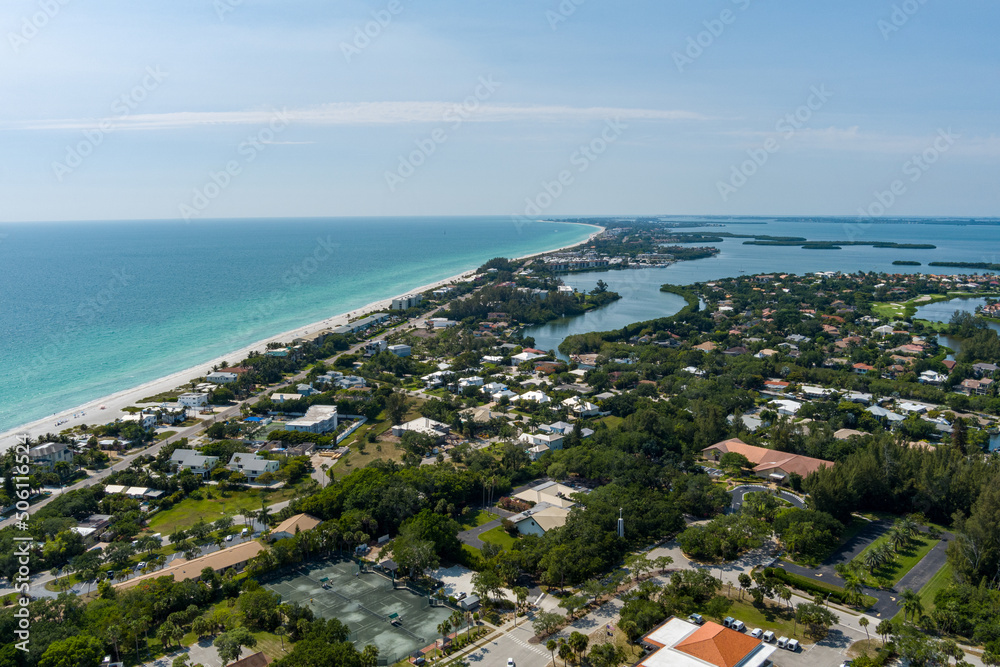 Aerial view of Longboat Key near Sarasota Florida, looking north along the Gulf of Mexico.
