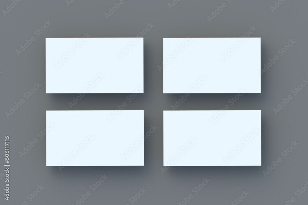 Four stack of blank business cards on gray background. Flat lay. 3d render Four stack of blank business cards on gray background. Flat lay. 3d render