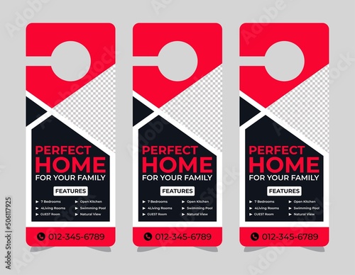 corporate door hanger modern Door hanger, do not disturb and make up room sign Door hanger design template, hotel knob design. Vector door hanger.	