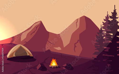 Camping tent. Bonfire. Flat style. Vector illustration with white background