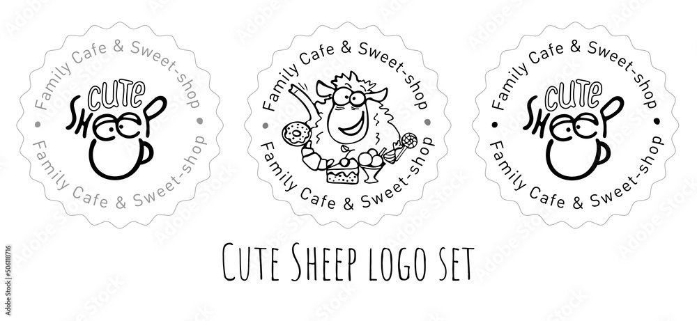 Cute Sheep logo set for family cafe and pastry shop with character and sweets on sticker