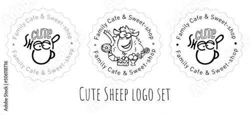 Cute Sheep logo set for family cafe and pastry shop with character and sweets on sticker