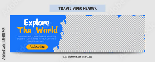 Travel video cover header template. Travel video web banner