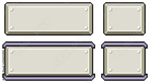 Pixel art buttons for metallic style interface vector icon for 8bit game on white background 