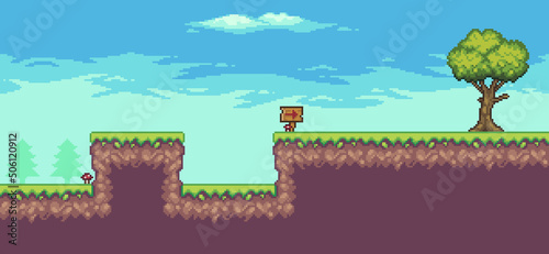 Pixel art arcade game scene with trees, wooden board and clouds 8 bit vector background
