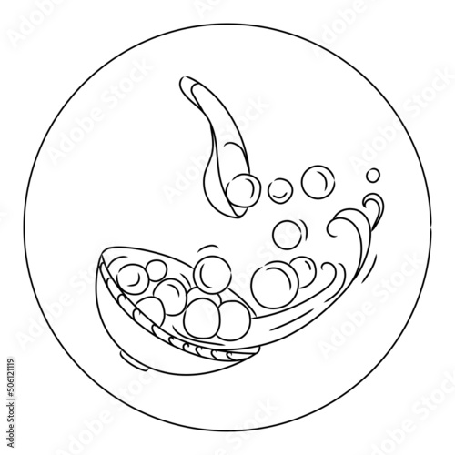 Traditional asian food hot sweet tangyuan soup vector line art illustration. Sticky rice balls with soup flying from a bowl black and white sketch drawing. Chinese food design logo, emblem, icon