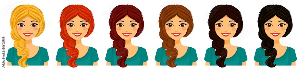 Set. Young woman with different hair. Flat style on a white background. Cartoon. Set. Young woman with different hair. Flat style on a white background. Cartoon.