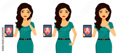  A girl with a tablet in her hand. Vulnerability to viruses and malware. Virus protection. Business and Finance. Flat style on white background. Cartoon.