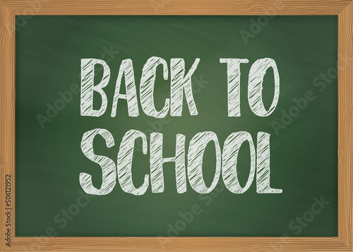 Back to school vector banner with chalk text on a blackboard with wooden frame. Vector illustration.