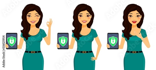 Protection against viruses and malware. A girl with a tablet in her hand. Virus protection. Business and Finance. Flat style on white background. Cartoon.