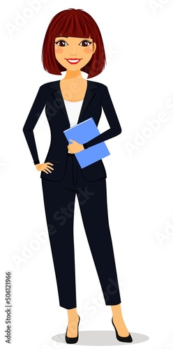 Smiling girl holding a book in her hand. The girl stands on a white background. Flat style. Cartoon.