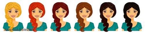 Set. Young woman with different hair. Flat style on a white background. Cartoon.