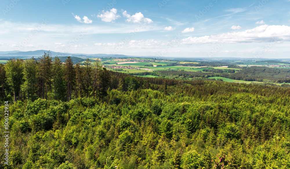 Panoramic view to Czech spring valley landscape from hill Velky Kamen in natural area Slepici hory