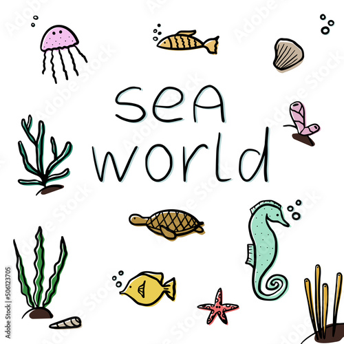 Set of underwater inhabitants doodle style, vector illustration isolated on white background. Fishes, seaweeds, shells and words. Sea world concept, black outline