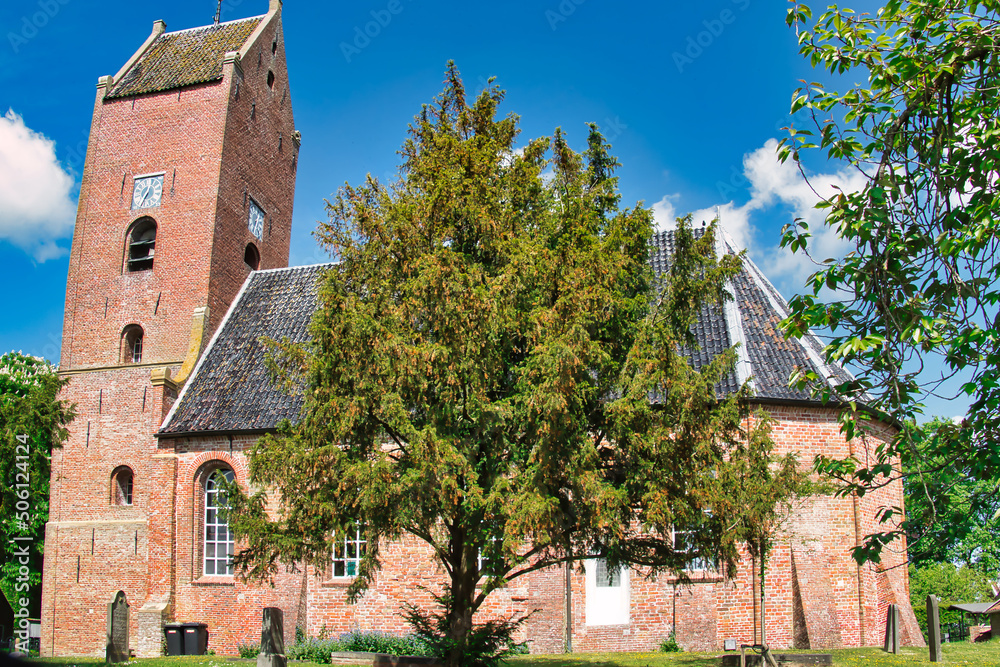 The 13th-centrury Romano-gothic Sint-Lutgerkerk (St Liudger Church), with a huge tree in the churchyard,  in the Dutch village of Garnwerd, province of Groningen, the Netherlands
