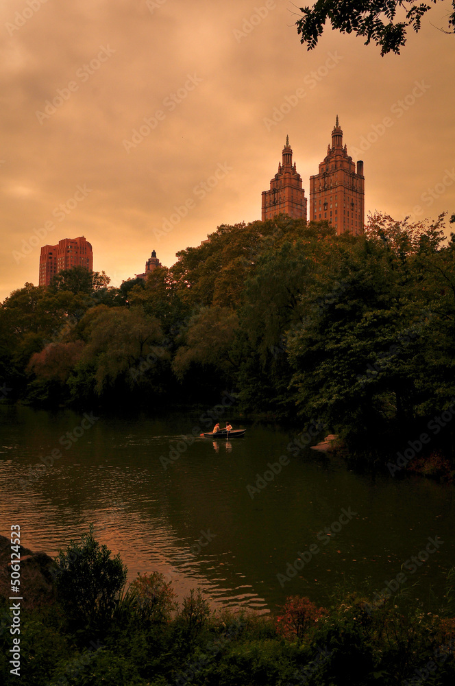 Late afternoon on a lake at the Central Park, Upper West Side, New York City, NY, USA