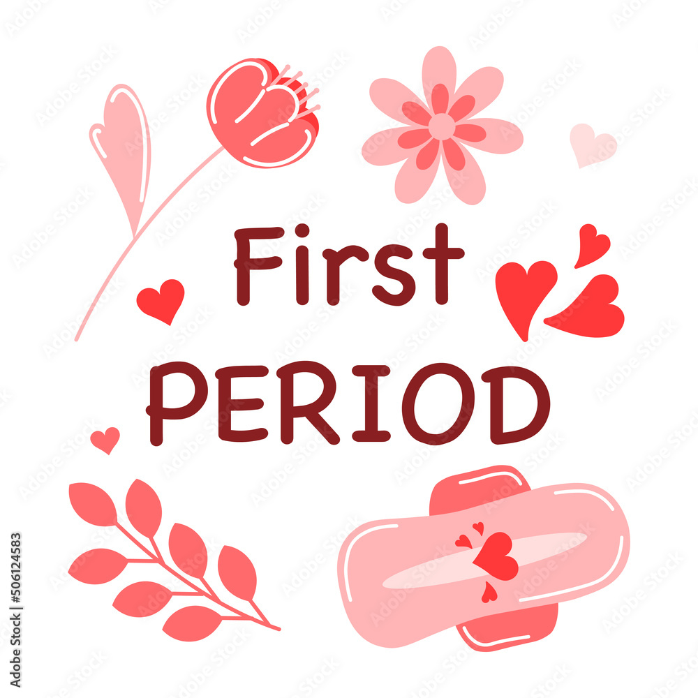 Card with quote about female period with menstrual blood, panties, sanitary pad, tampon, reusable cup and flowers. Lettering compositions about menstruation. Zero waste period. Vector illustrations.	